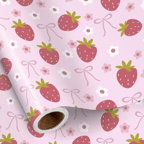 RUSPEPA Strawberry Wrapping Paper Roll for Girls, Mini Roll, Cute Strawberry, Pink Flower and Bow Design Gift Wrap Paper for Birthday, Valentine's Day, Spring and Summer Party, 17 Inches x 16.4 Feet