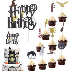 11Pack Wizard Happy Birthday Cake Topper Magical School Wizard Cupcake Picks Glitter Black Wizard Themed for Kids Birthday Halloween Party Decoration Supplies