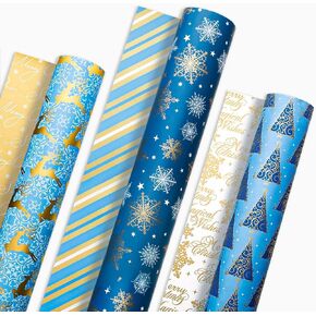 Merture 3 Rolls Christmas Wrapping Paper Set - 17 inch x 120 inch per Roll - Red, Green, Gold Metallic Gift Wrap With Reindeer, Christmas Tree, Snowflake, Dahlia Design