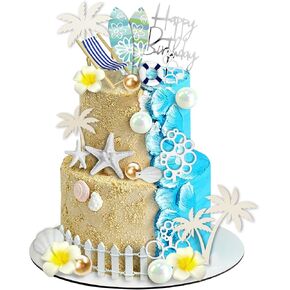 Summer Beach Cake Topper with Surfboard Palm Tree Chair Starfish Shell for Baby Shower Swimming Beach Birthday Party Supplies