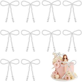 10 Pcs Pearl Bow Cake Toppers, 4.3x3.9 Inches White Pearl Beaded Cake Decorations, Large and Small Pearls, Elegant Cupcake Toppers for Weddings, Birthday, Valentines Day and Baby Shower Party Supplies