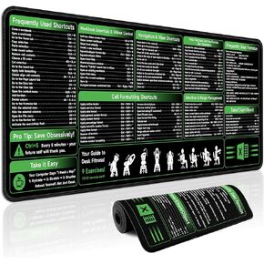 Excel Shortcut Keys Mouse Pad - Excel Cheat Sheet Desk Pad | Extended Large XXL Non-Slip Excel Gaming Mousepad | PC Office Desk Mat with Stitched Edges for Computer Keyboard