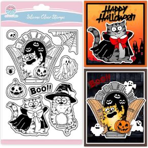 GLOBLELAND Comic Cat Clear Stamp for Scrapbooking Halloween Pumpkin Silicone Stamps Funny Cat Transparent Stamp for Card Making DIY Embossing Journaling