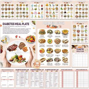 gisgfim 16Pcs Diabetes Food List Poster for Diabetics Food Chart Information Diet Plan High Fiber Protein Vitamin Low Carb Foods List Posters for Blood Sugar Control Weekly Blood Sugar Log Supplies
