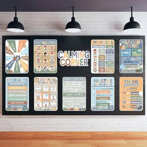Funrous 10 Pcs Calming Corner Posters Space Themed Classroom Feeling Emotion Charts Mental Health Poster Decorations Calm Down Wall Art for Students Home Office School Educational Decor Supplies