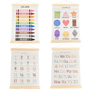JINGIHE 4pcs Alphabet Numbers Geometry Wall Hanging Poster Decor, ABC 123 Shape Color Educational Poster Hanger Frame Set, Learning Wall Art for Kids Room Nursery Classroom Home School Playroom(17×12in/44×31cm)