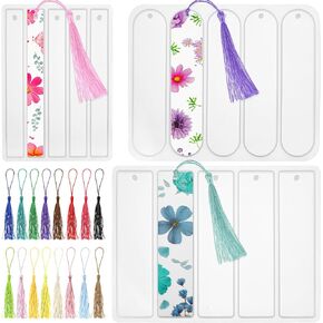 Set of 3 Resin Bookmark Mold, Silicone Molds for Resin, 16 Colors Tassels for Bookmarks, Resins Mold with Tassels, Small Medium Rectangle Bookmark Making Kit for DIY Crafts, Handmade Gift