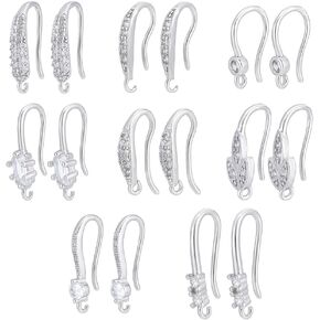 UNICRAFTALE About 16pcs 8 Styles Ear Hooks Metal French Hooks Rhinestone Ear Wires Crystal Dangle Finding Hook with Loops Cubic Zirconia Brass Ear Hooks for Jewelry Making DIY Earring Findings