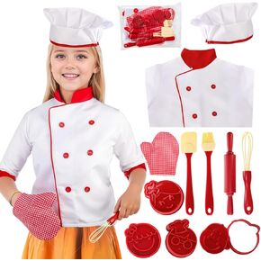 11 Pcs Kid Chef Role Play Costume Set, Pretend Chef Outfit with Realistic Accessories, Kitchen Toys Kid Cooking Dress-Up Set, Supplies Role Play Gifts for Toddlers Ages 3+, Halloween