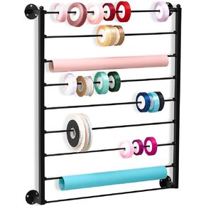 Menkxi 9 Tier Wall Mounted Ribbon Organizer Metal Wrapping Paper Organizer Storage Ribbon Rack Holder for Sewing Craft Mesh Thread Tape Wreath Crochet Craft Room Flower Shop Fourth of July Day Gift