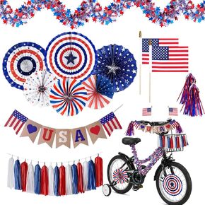 4th of July Bike Decorations Kit for Kids | Patriotic Bicycle Parade Decor Set | Independence Day Tinsel Garland Streamers USA Flags Pinwheels, Banner Hanging Paper Fans for Children's Bikes