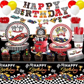 Race Car Birthday Party Decorations Include Plates Napkins Cups Forks Knives Spoons, Banner, Cake Toppers, Balloons, Tablecloths Racing Car Party Supplies