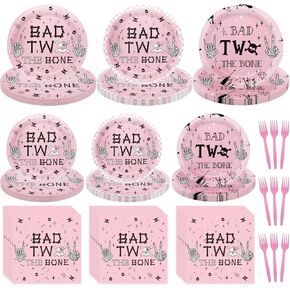 96Pcs Bad Two The Bone Party Decorations for Girls Skeleton 2nd Birthday Party Plates and Napkins Supplies Music Rock and Roll Tableware Set for Boys Girls Serve 24