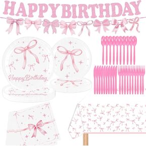 Pink Bow Birthday Decorations, 72 Pcs Pink Bow Plates and Napkins, Bow Banner Tablecloth, Coquette Birthday Decorations, Bow Themed Party Decorations