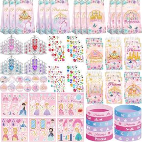 Princess Party Favors, Including 12 Gift Bag, 12 Stickers, 12 Silicone Wristbands, 12 Badge, 12 Notebook, 12 Gem Stickers , 12 Crown Tiaras, for Girls Princess Birthday Party Decorations Supplies