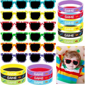 Video Game Party Favors, Gamer Goodie Bags Stuffers for Kids with Pixel Sunglasses Rubber Bracelets, Gaming Party Favors Stuffers for Gamer Birthday Party Decorations
