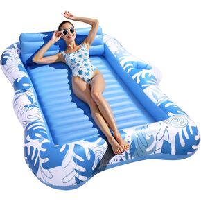 Inflatable Tanning Pool Lounger Float for 2 Person, Extra Large Floating Lounge Chair with Cup Holders, 2-in-1 Sunbathing Raft & Pool Float for Adults, Portable Airbed for Beach, Lake, Backyard