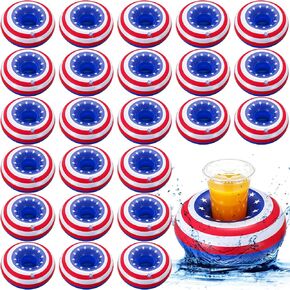 24 Pcs Inflatable Patriotic Drink Holder Pool Cup Coasters American Flag Inflatable Floating Drink Beer Floats for Summer 4th of July Pool Party Supplies Fun Bath Shower Toys