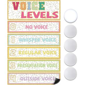 5 Pcs Push Light and Magnetic Voice Level Chart Poster LED Tap Light Voice Chart Noise Level Rules Sign for Classroom Teachers Back to School Teacher Supplies(Pencil Style)