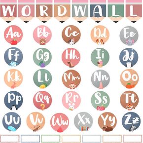 124 Pcs Word Wall Bulletin Board Set, Boho Classroom Alphabet with Animal Fruit,ABC Cutouts Letters Posters,Word Wall for Classroom Home Preschool Primary School Decor