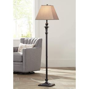 Regency Hill Madison Country Cottage Standing Floor Lamp 59" Tall Italian Bronze Brown Metal Taupe Faux Silk Square Hardback Shade Decor for Living Room Reading House Bedroom Office