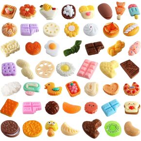 50 PCS Mini Pretend Food Toys, Miniature Resin Food Drink Bottles Cake Pizza for Dollhouse Kitchen Cooking Game Party Accessories