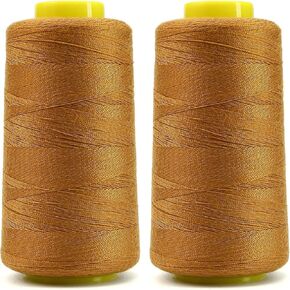 2Pcs 1500 Yards Jean Thread for Sewing Machine, Denim Thread 20s/2 Heavy Duty Strong Thick Bonded Cone Spools for Blue Jeans Bag Shoes Leather Canvas Nylon Hand Sewing 100% Polyester, Gold Color