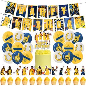 32Pcs For Indiana Team Birthday Decorations,Basketball Party Decoration with 1 Happy Birthday Banner,Cupcake Toppers,Cake Cupcake Toppers,Balloons for Boys Girls Party Decor