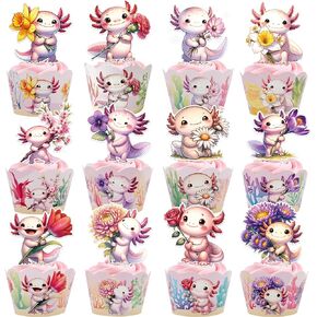 Pink Axolotl Birthday Decorations -48 Pcs Cute Cartoon Animal Axolotl Theme Cupcake Toppers Wrappers Set, Happy Birthday Party Baby Shower Supplies Photo Background Table Decor for Girls Kids
