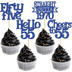Ephlyn 24Pcs 55th Birthday Cupcake Toppers Glitter Straight Outta 1970 Cupcake Picks Hello 55 Cheers to 55 Years Cake Decorations for 55th Birthday Anniversary Party Decorations Supplies Blue