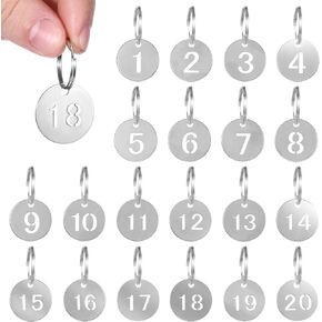 20 Pack Stainless Steel Numbered Key Tag Round Metal Numbered Tags with Holes Coat Check ID Tags Number KeyRings Chain for Dormitory House Lockers