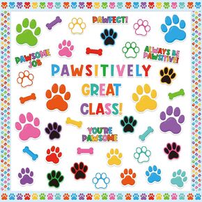 111Pcs Back to School Paw Print Bulletin Board Classroom Decoration Cute Dog Paw Print Bone Cutouts Name Tags Boarder Trim Back to School Pet Party Supplies Classroom Chalkboard Wall Door Decor