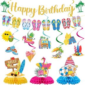 Summer Birthday Party Decorations - 13 Pcs Beach Pool Hanging Swirls Decors Set for Kids Hello Summer Slip Flop Banner Supplies Happy Hawaii Holiday Celebration Table Honeycomb Centerpieces