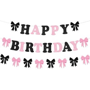 Pink and Black Bow Birthday Decorations Black Pink Bow Glitter Happy Birthday Banner Backdrop Coquette Garland Party Decorations for Girls Women Bday Wedding Baby Shower Bridal Shower Party Supplies