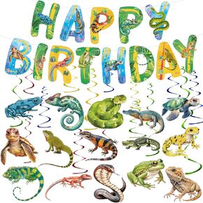 Reptile Jungle Happy Birthday Banner and 15 Pcs Hanging Swirl Wildlife Snake Alligator Lizard Turtle Camping Wilderness Jungle Party Decorations