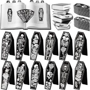 Clabby 48 Pcs 12 Style Mini Size Gothic Skeleton Coffin Magnet Bookmarks with Magnet Halloween Gothic Book Marker Holiday Gift for Book Lovers Bookworm Bookish