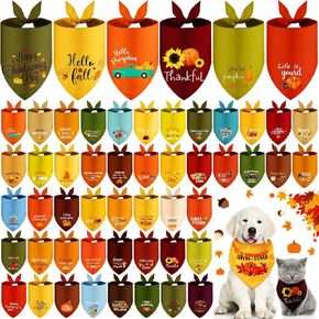 50 Pcs Autumn Dog Bandanas Bulk Flora Dog Bandanas Pet Triangle Scarf Bib Seasonal Costume Adjustable Cat Outfit Washable Bids Kerchief for Small Medium Pet(Thanksgiving)