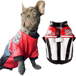 FLAdorepet Cool Dog Racer Costume,Pet Race Car Driver Costume Outfits,Winter Dog Leather Jacket with Leash Ring,Warm Fleece Coat Clothes for Small Medium Dogs (Black, L)