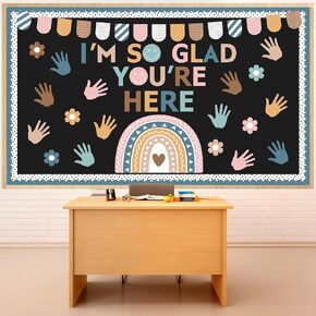 68 Pcs Boho Bulletin Board Decorations Set I'm So Glad You're Here Bulletin Board Decor Boho Hand Flower Rainbow Paper Cutouts for Teachers Back to School Classroom Chalkboard Wall Decor