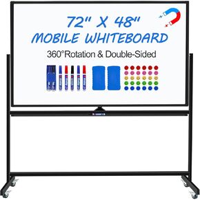 Large Dry Erase White Board with Rolling Stand 72"x48" Double-Sided Mobile Magnetic Whiteboard on Wheels, Including 3 Magnetic Erasers, 7 Markers, 30 Magnets