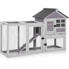 GUTINNEEN 51.6" Large Rabbit Hutch with Chew-Proof Ramp, Small Chicken Coop with Run for Outdoor, Indoor Bunny Cage Guinea Pig House with Leak-Proof Tray (Brown)