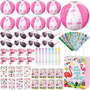 60 Pcs Pool Party Favors Pink Flamingo Party Supplies Bags Stuffers with Sunglasses Bulk Beach Ball Slap Bracelet Bubble Wand for Pool Beach Birthday Party Supplies