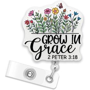 ERHACHAIJIA Grow in Grace 2 Peter 3:18 Retractable Glitter Badge Reel with Clip, Funny Flower Gifts for RN ICU NICU Nurse Doctor, Religious Faith Gifts for Christians, Bible Verse Gifts for Women Men