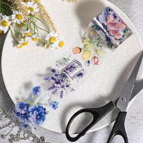 Floral Washi Tape Stickers Journaling Scrapbook PET Tapes Junk Journal Supplies Flower Decorative Tapes for Art Crafts Aesthetic Scrapbooking Supplies, Floral Journaling Tape