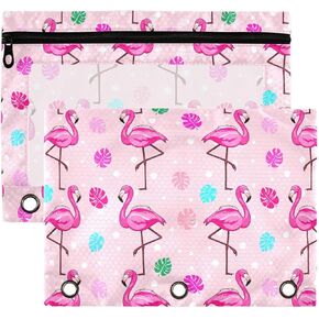 Qilmy Beautiful Tropical Flamingo Binder Pocket,2Pack Zipper Binder Pockets with Clear Window,3 Ring Binder Pocket for School Office Supplies