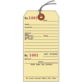 Repair Tags, 5-1/4" x 2-5/8", Manila Cardstock with Stub, Strung, Consecutively Numbered, Pack of 50