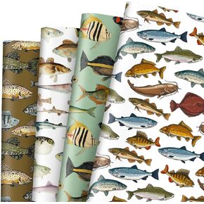 JarThenaAMCS 8 Sheets Vintage Fish Wrapping Paper -Not Roll- 4 Designs Summer Ocean Gift Wrap Folded Flat DIY Art Craft Paper for Gone Fishing Birthday Baby Shower Party Packaging, 19.7 x 27.6 Inch