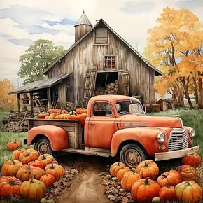 Pumpkin Truck Farmhouse Diamond Art Kits for Adults, 5D Fall Diamond Painting Kits for Adults Beginners, DIY Full Round Drill Diamond Dot Painting Gem Art Kits for Adult,Home Wall Decor 13.8x13.8 Inch