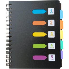 5 Subject Notebook for Work, Spiral Notebooks College Ruled with Dividers Tabs, 270 Pages A5 Small Note Book for School Office Supplies, 8.7x6.5, Black