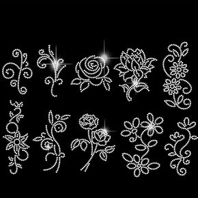 SUPERDANT 10 pcs Floral Pattern Iron on Rhinestones Transfer T-Shirt Crystal Heat Transfer Designs Flower Crystal Stickers Rhinestone Bling Decals for Clothing Tote Bag DIY Art Craft Gifts